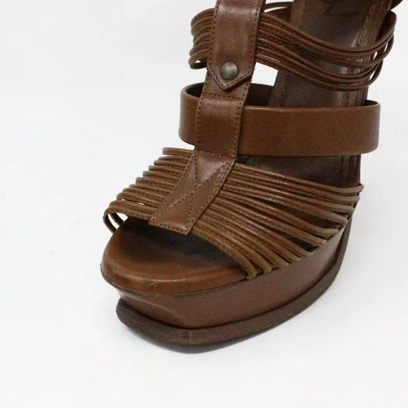 YSL #36155 Brown Leather Tribute T-Strap Platform Heels (US 8 EU 38)